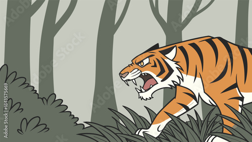 Aggressive Tiger Roar Powerful Predator Vector Illustration