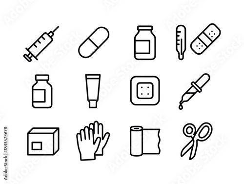 Medical Supplies Outline. Medical supplies. Line icon set of med