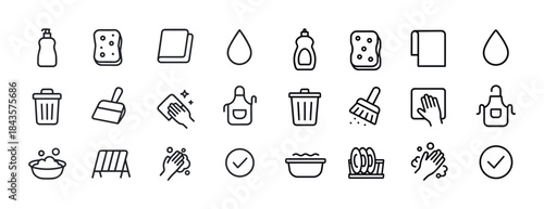 Cleaning line icons: sponges, soap, broom, dustbin, dishwashing