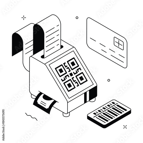 A trendy editable isometric illustration of QR based cashless payment terminal