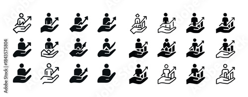 Set of human figures on upward arrows and hands in various style