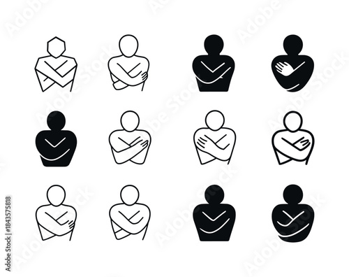 Self-Love Icon Collection. A person hugging themselves, practici