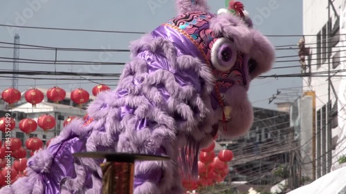 Chinese lion dance performing, Slow motion.
