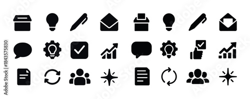 Set of black business icons: lightbulb, pen, envelope, gear, gra