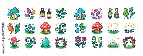 Whimsical nature icons: mushrooms, leaves, flowers, lanterns, an