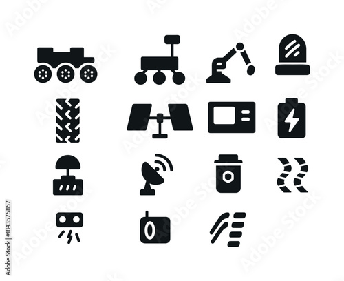 Mars Rover Icons. Mars rover operations. Solid icon set of Mars