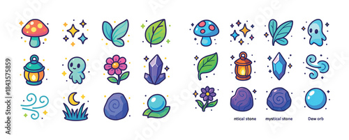 Whimsical cartoon nature icons with mushrooms, ghosts, leaves, a