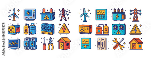 Colorful energy icons: power, solar, wind, electricity, renewabl