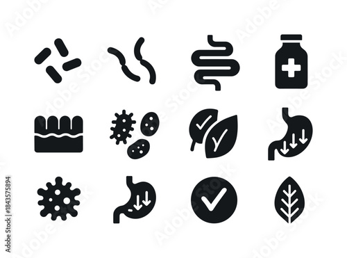 Human Gut Flora Icons. Human gut flora. Solid icon set of human