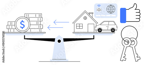 Financial balance concept. Scales money versus property and assets, emphasizing value exchange in economics and trade. Financial equilibrium for investment, real estate, transactions, budgeting