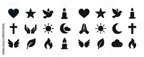 Simple black icon set of heart, star, dove, candle, cross, hands