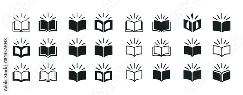 Collection of black book icon variations with open and closed de