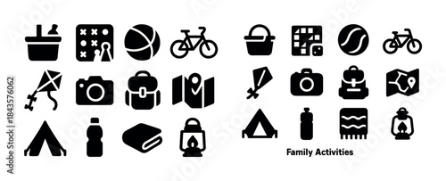 Outdoor family activities icons: camping, biking, picnic, sports