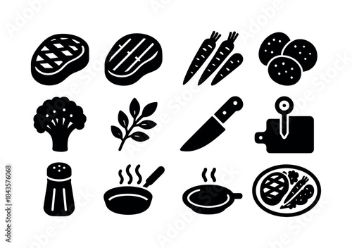Steak Icon Set. A close-up of a perfectly cooked steak with a si