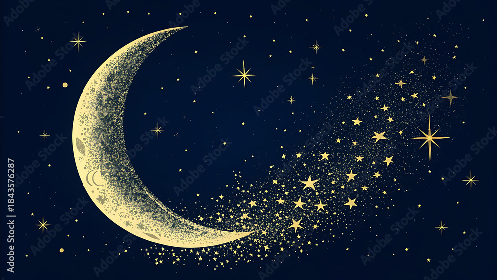 Naklejka premium Crescent Moon And Stars Swirling In A Dark Night Sky image photo