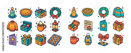 Festive holiday icons set featuring candles, sweaters, wreaths,