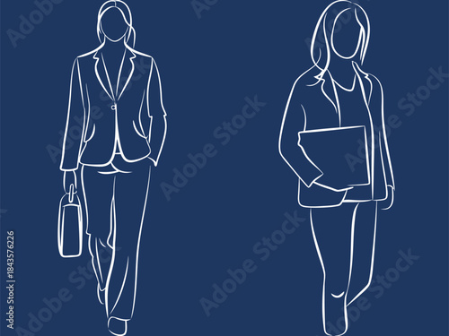 Businesswomen Sketch Vector Illustration, Professional Female Figures Holding Briefcase Tablet