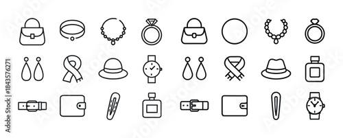 Minimalist line icons of fashion accessories: bags, jewelry, wat