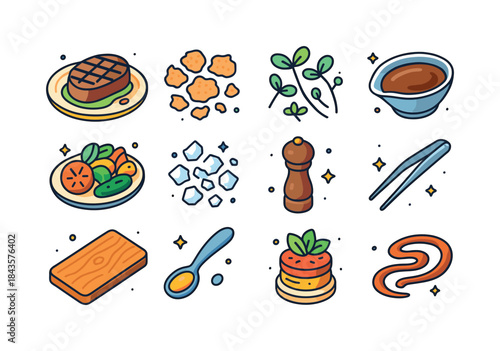 Gourmet Cuisine Icons. Gourmet cuisine. Colorful isometric vecto