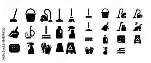Collection of cleaning tools and supplies icons in black silhoue