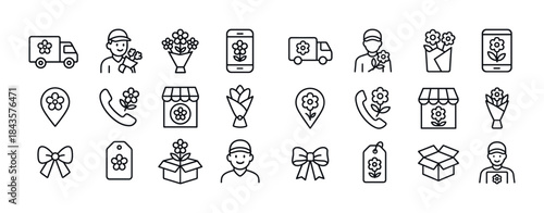 Floral icon set with delivery, packaging, and communication elem