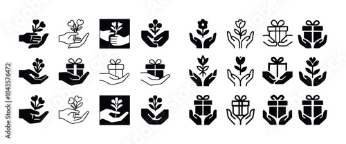 Collection of hands holding flowers and gift icons in black and