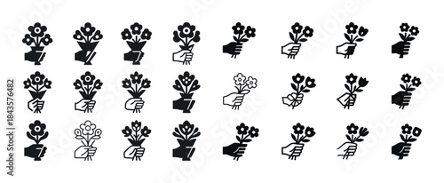Black and white floral icon set displaying various handheld flow