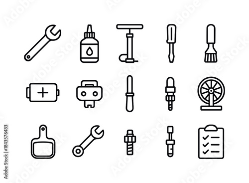 E-Bike Maintenance Icons. E-bike maintenance. Line icon set of e