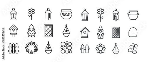 Garden icon set: lantern, flower, planter, gnome, birdhouse, fen