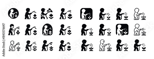 Child silhouette icons: watering plants in various styles and po