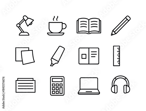 Study Icon Set. Study essentials. Line icon set of Study essenti