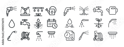 Gardening and irrigation icons: tools, equipment, and watering s