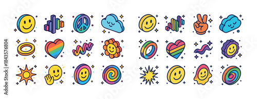 Colorful cartoon emoji collection with smiley faces hearts and c