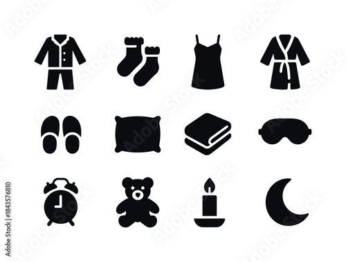 Black Sleepwear Icons. Sleepwear. Solid icon set of Sleepwear: p