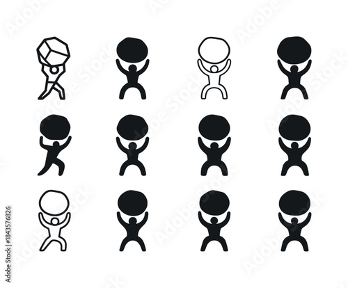 Boulder Lifting Icons. Person lifting a giant boulder. Icon set.