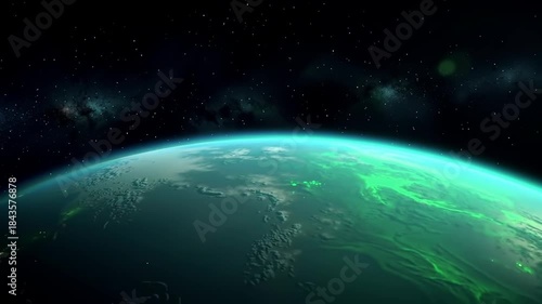 Space view of green planet with stars and nebula background, for sci-fi