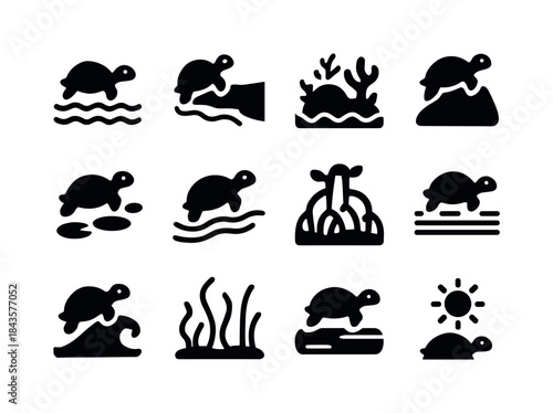 Turtle Habitat Icons. Turtle habitats. Solid icon set of turtle