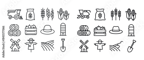 Collection of linear farm and agriculture icons featuring equipm