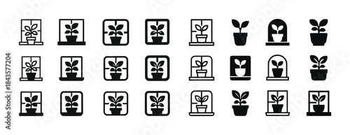 Minimalist plant icon set with various pot designs and window ba
