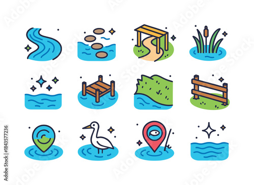 Riverside Path Icons. riverside paths. Colorful isometric vector