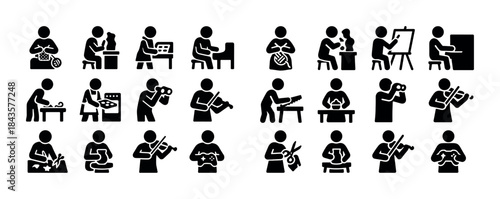 Silhouette icon set of people engaging in various activities and