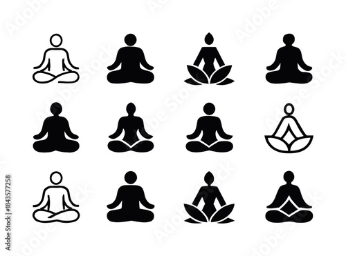 Diverse Meditation Logos. Meditating. Icon set. Set Logo of medi