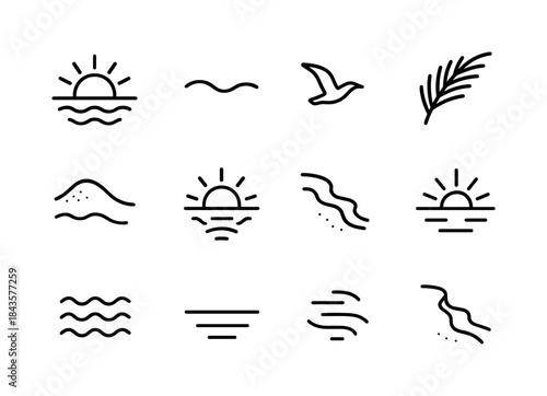 Beach Sunrise Icons. Beach Sunrise. Line icon set of Beach Sunri