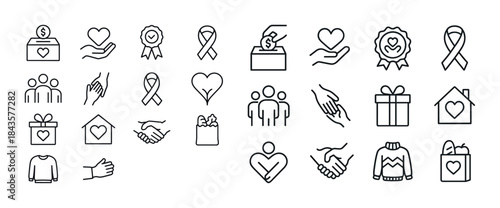 Donation icons: charity, giving, support, and community symbols