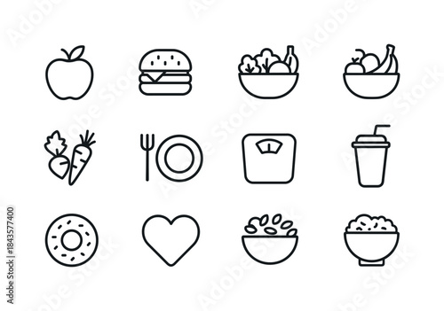 Food Icon Set. Food Choices. Line icon set of Food Choices: appl