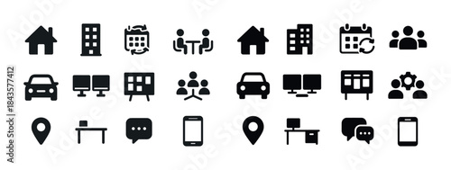 Icon set featuring office, vehicle, and communication symbols fo