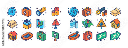 Colorful emergency preparedness icons: safety kits and supplies