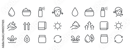 Skincare and hygiene icon set: cream, spray, soap, sun, water dr