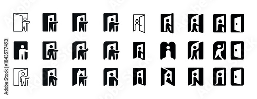 Minimalist door icons collection featuring abstract figures ente