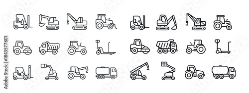 Outline icons of construction vehicles and equipment set